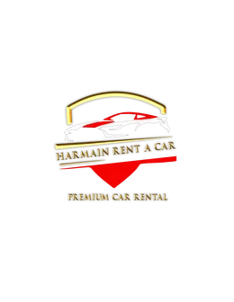 Harmain Rent A Car premium logo — gold and red car rental brand in Karachi